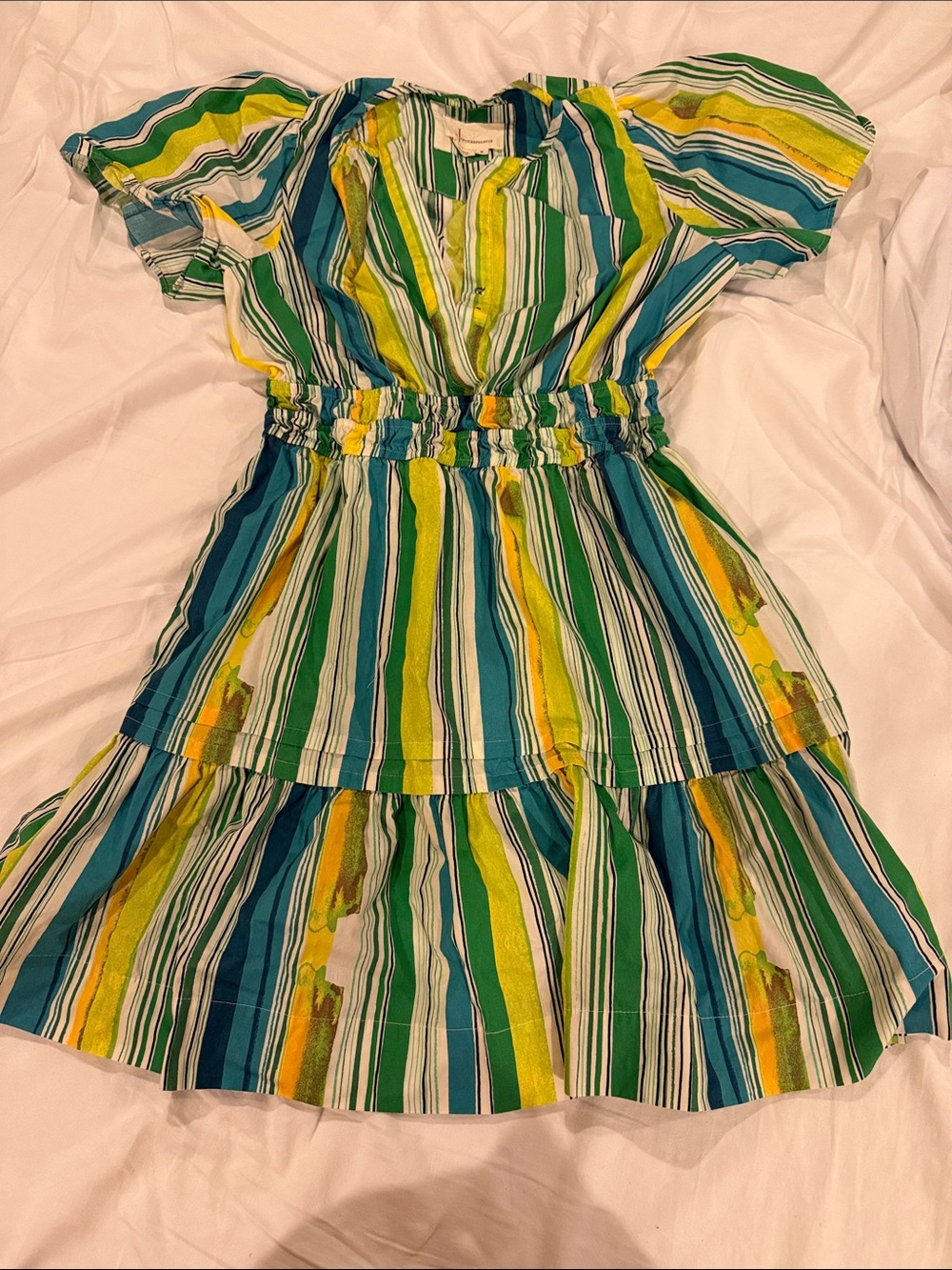 Anthropologie Striped Tiered Dress in Green, Blue & Yellow